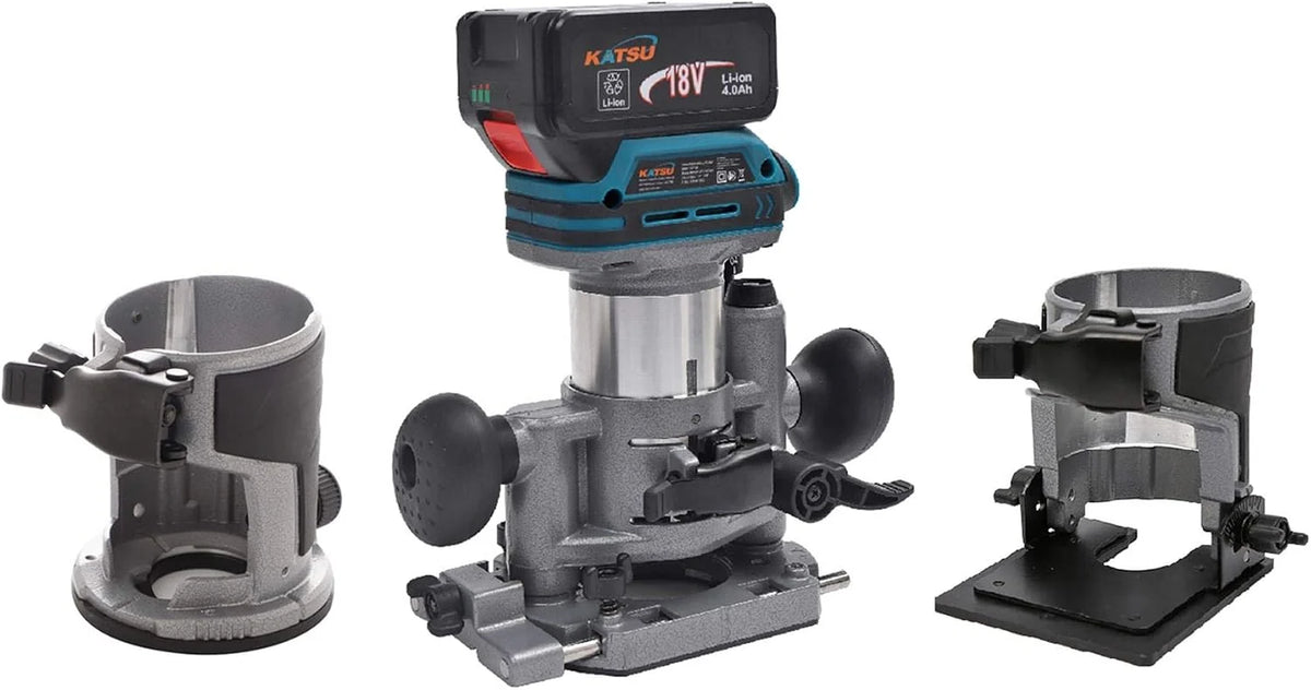 KATSU Juego de Fresadora de Madera Rebajadora Inalámbrica de 18 V con 3 Bases + 3 Pinzas de 6 mm, 8 mm y 10 mm + Batería 4.0 Ah y Cargador