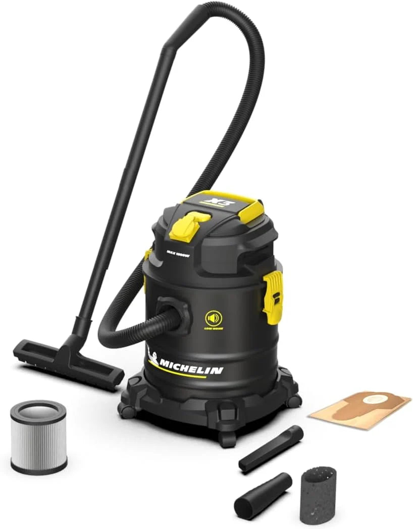 Michelin, Aspirador sólido y líquido X3 20L S, Rango silencioso, Tanque de Acero de 20 L, con Toma eléctrica, 800 W, con Accesorios, función de soplado 18 kPa