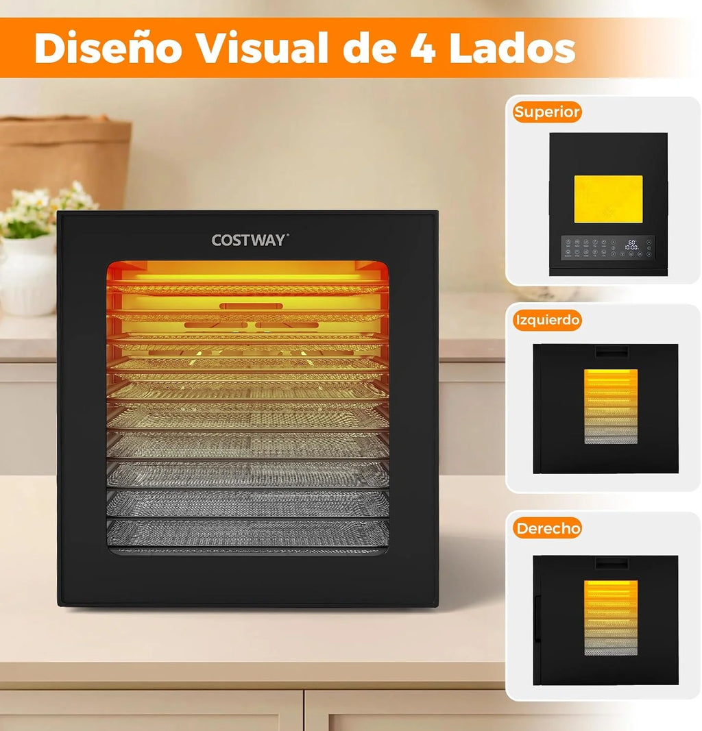 COSTWAY Deshidratador de Alimentos, Secador con 10 Bandejas de Acero Inoxidable, 10 Programas, Temporizador de 48H y Temperatura de 30-75℃, Máquina Deshidratadora para Carne, Frutas