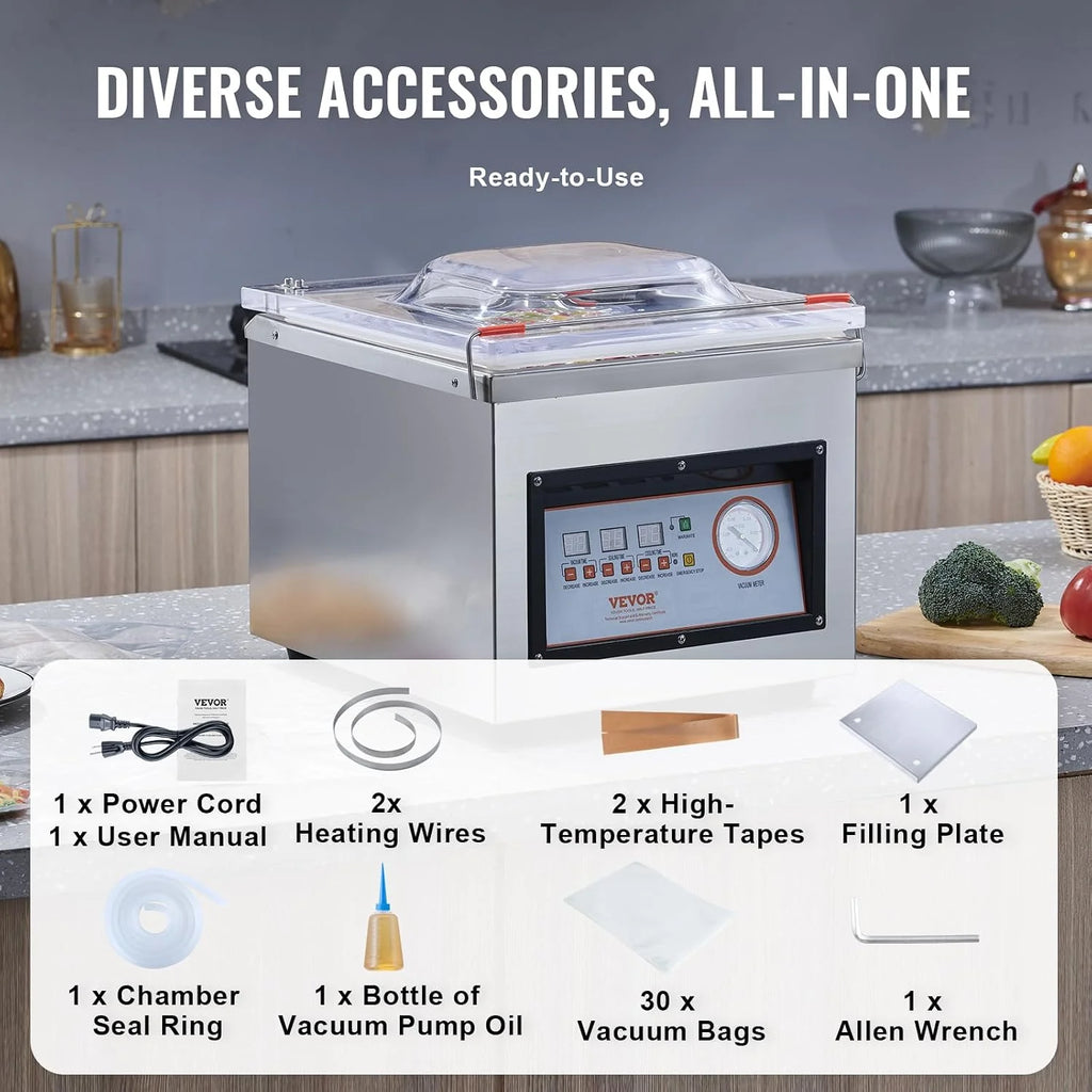 VEVOR Sellador al Vacío de Cámara 320 W Máquina de Envasado al Vacío de Acero inoxidable Tamaño Compacto de 320 mm para Cocina del Hogar Para Uso Comercial Para Alimentos Húmedos, Carnes y Adobos