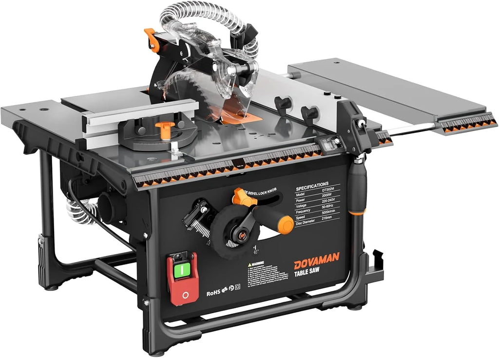 DOVAMAN DTS02M Sierra de Mesa, 98% Recolección de Polvo, 2000W con Hoja de 216mm, Corte Máx de 60mm (90°) y 40mm (45°), Almacenaje en Herramienta, Sierra de Mesa Ideal para Madera de Carpintería & DIY