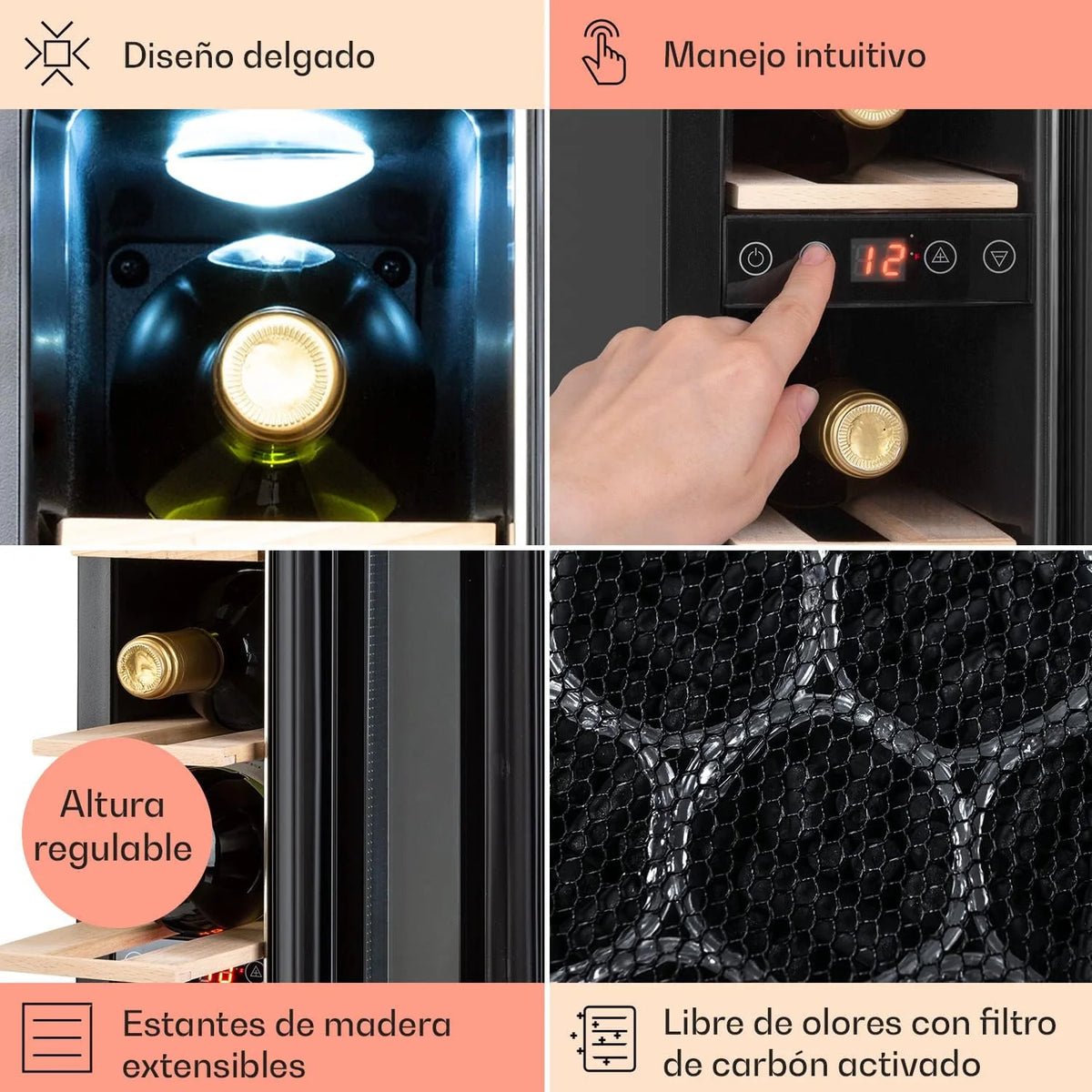 KLARSTEIN Vinoteca, Nevera para Vinos con 1 Zona de Refrigeración, Botellero Puerta Cristal para Vino, Proseco, Expositor Interior y Exterior, Panel Táctil, 20 L., Vinoteca Capacidad 7 Botellas