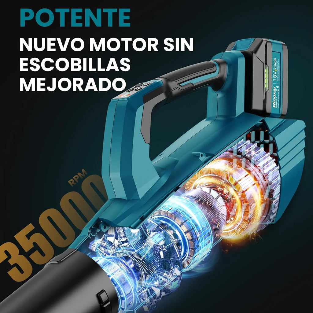 Soplador de Hojas, 5 Velocidades Sopladora de Hojas con Bateria con Motor Brushless, 2 Baterías de 5.2Ah/18V, 35.000 RPM, Velocidad Aire 180 km/h, Vaudal Aire 800 m³/h, 2 Boquillas Intercambiables