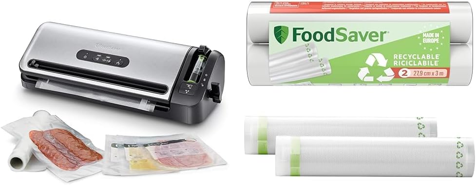FoodSaver Envasadora al Vacío con un Cutter Incorporado + Foodsaver Bolsas de Envasado al Vacío Reutilizables, 5 Rollos, 36 Bolsas