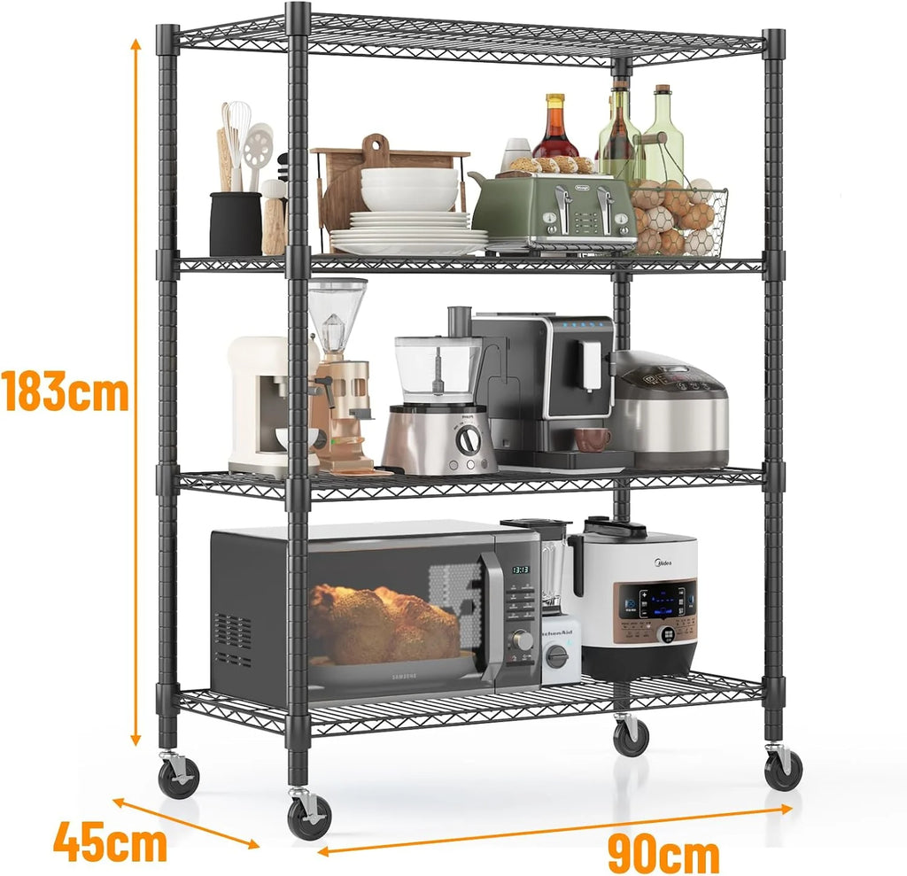 Himimi Estantería de Alambre de 4 Niveles con Ruedas y Pies Niveladores, Altura Ajustable, Estante de Almacenamiento Metálico para Cocina, Baño, Sala de Estar, Capacidad de 500 kg, 90*45*183 cm, Negro