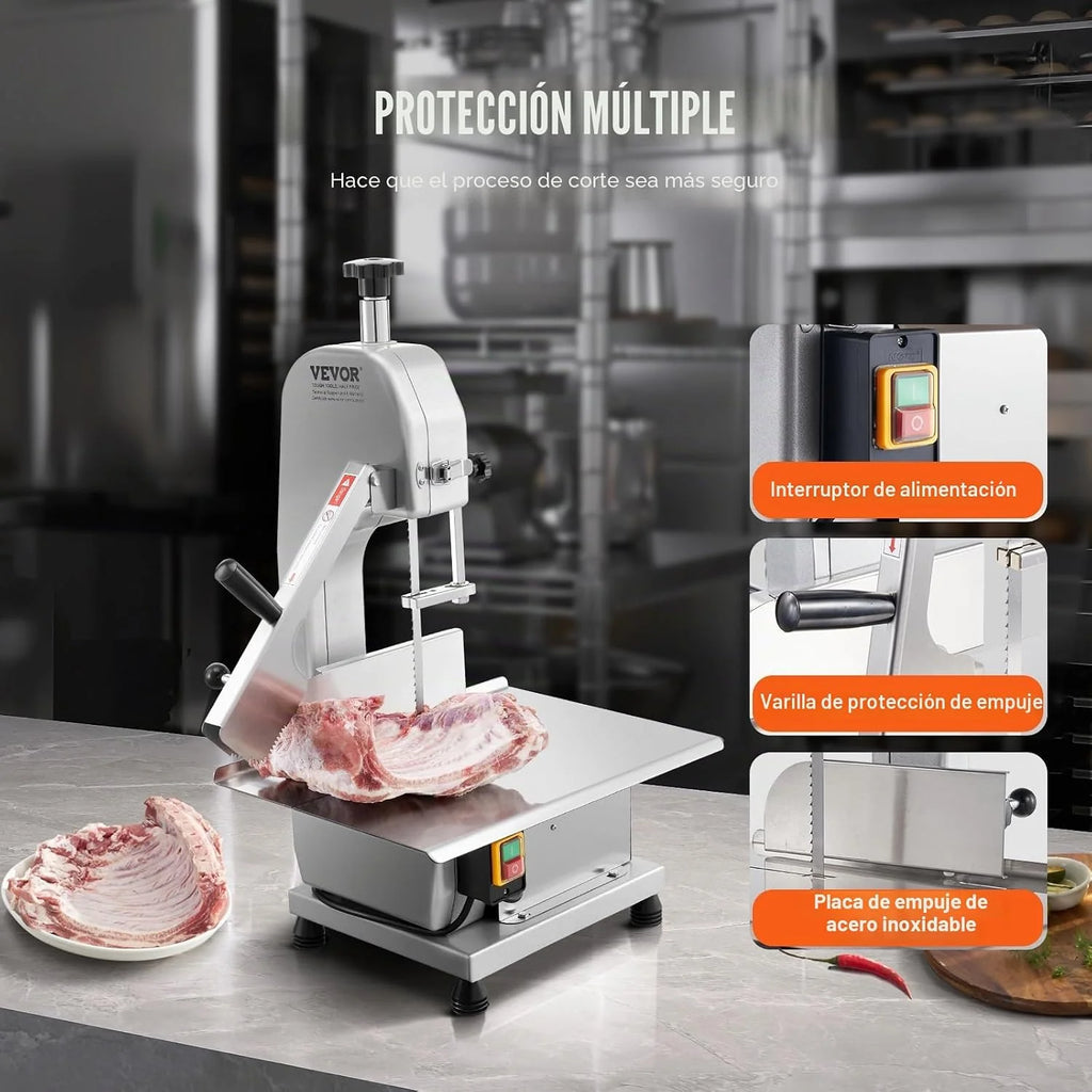 VEVOR Sierra de Cinta Eléctrica Comercial para Carne y Huesos de Acero Inoxidable de 1800 W para Encimera, Grosor Máximo de Corte 180 mm, con 5 Cuchillas para Costillas Cerdo y Res, 515 x 490 x 860 mm