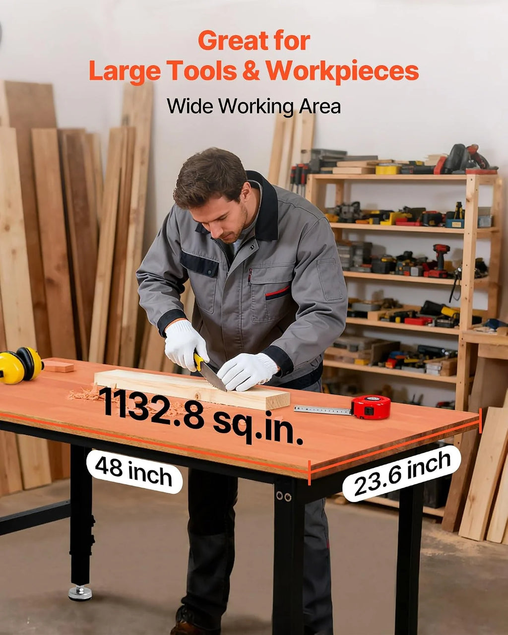 VEVOR Banco de Trabajo 122 x 60 cm, Mesa de Taller Altura Ajustable de 8 Niveles de 67-102 cm, Carga de 680 kg, Mesa de Madera Grosor del Tablero de 2 cm Marco de Metal para Oficina, Garaje, Hogar