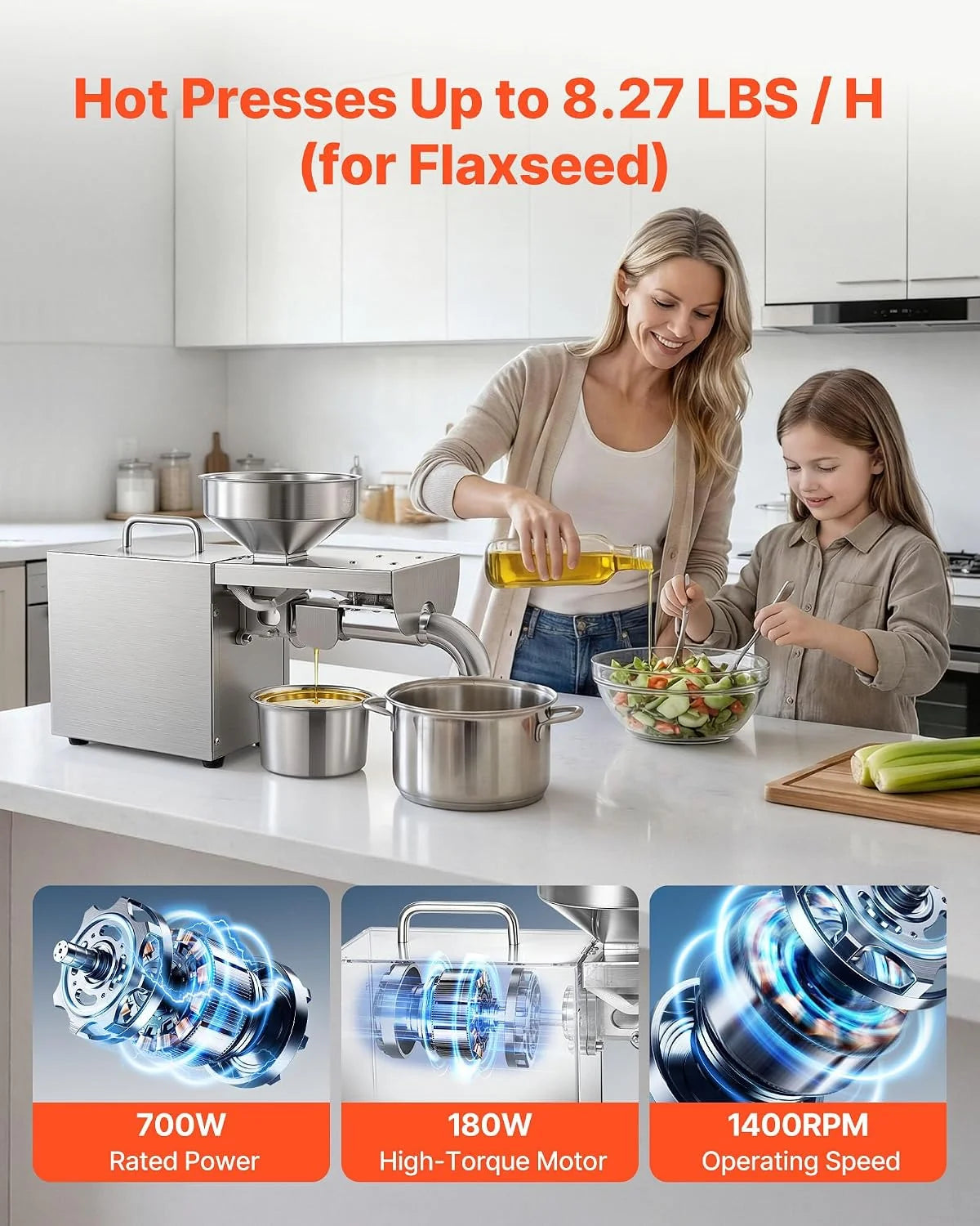 VEVOR Prensa de Aceite Eléctrica 700 W, Máquina de Prensado de Aceite 3,75 kg/h, Prensado en Caliente a 230 °C, Extractor de Acero Inoxidable, Uso Doméstico y Comercial, para Cacahuetes, Soja
