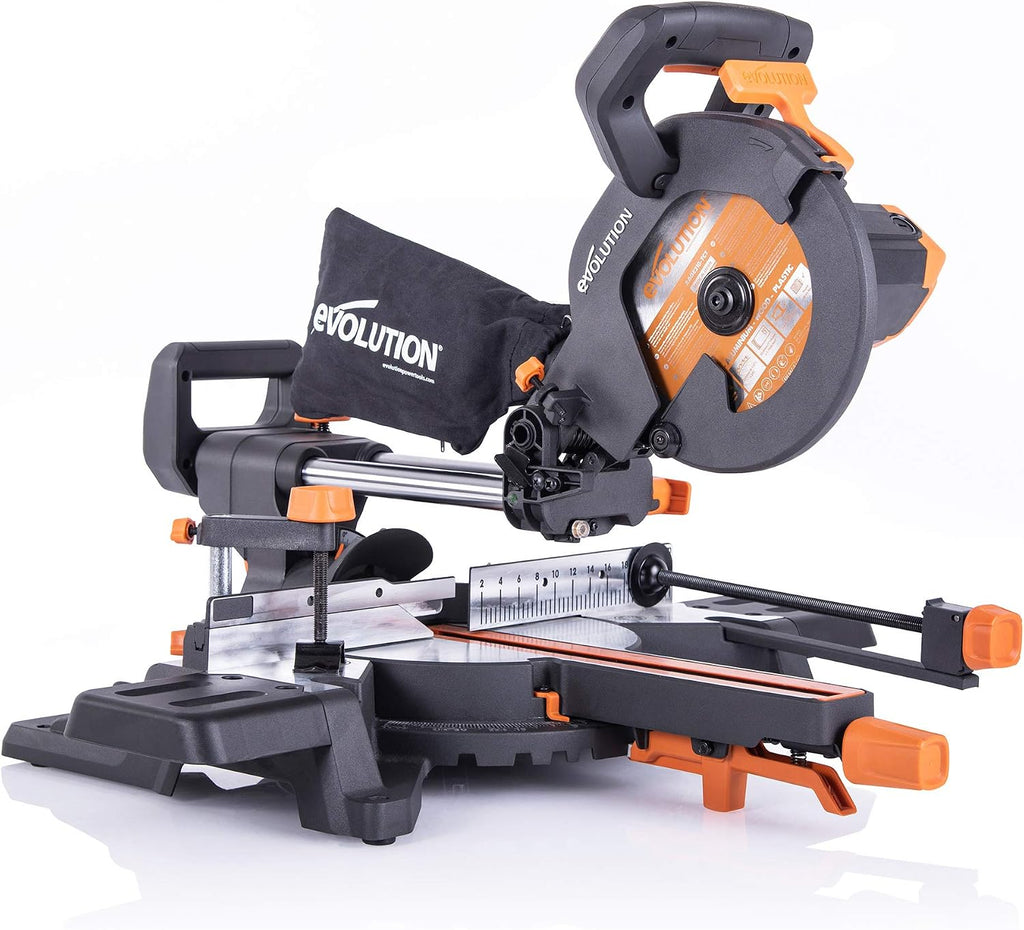 Evolution Power Tools - R210SMS-300+ Ingletadora deslizante multimaterial de 210 mm (230 V), con paquete plus, Corta acero dulce, aluminio, plástico, madera con clavos incrustados