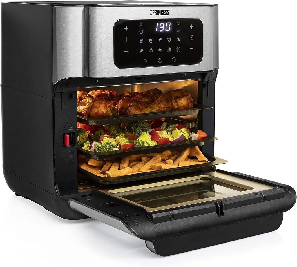 Princess Freidora sin Aceite Horno 10 L con Cesta Giratoria, Airfryer con Convección, 10 Programas, Pantalla Táctil Digital, Acero Inoxidable, Hasta 66,7% Ahorro Energético, 1500 W, 182065