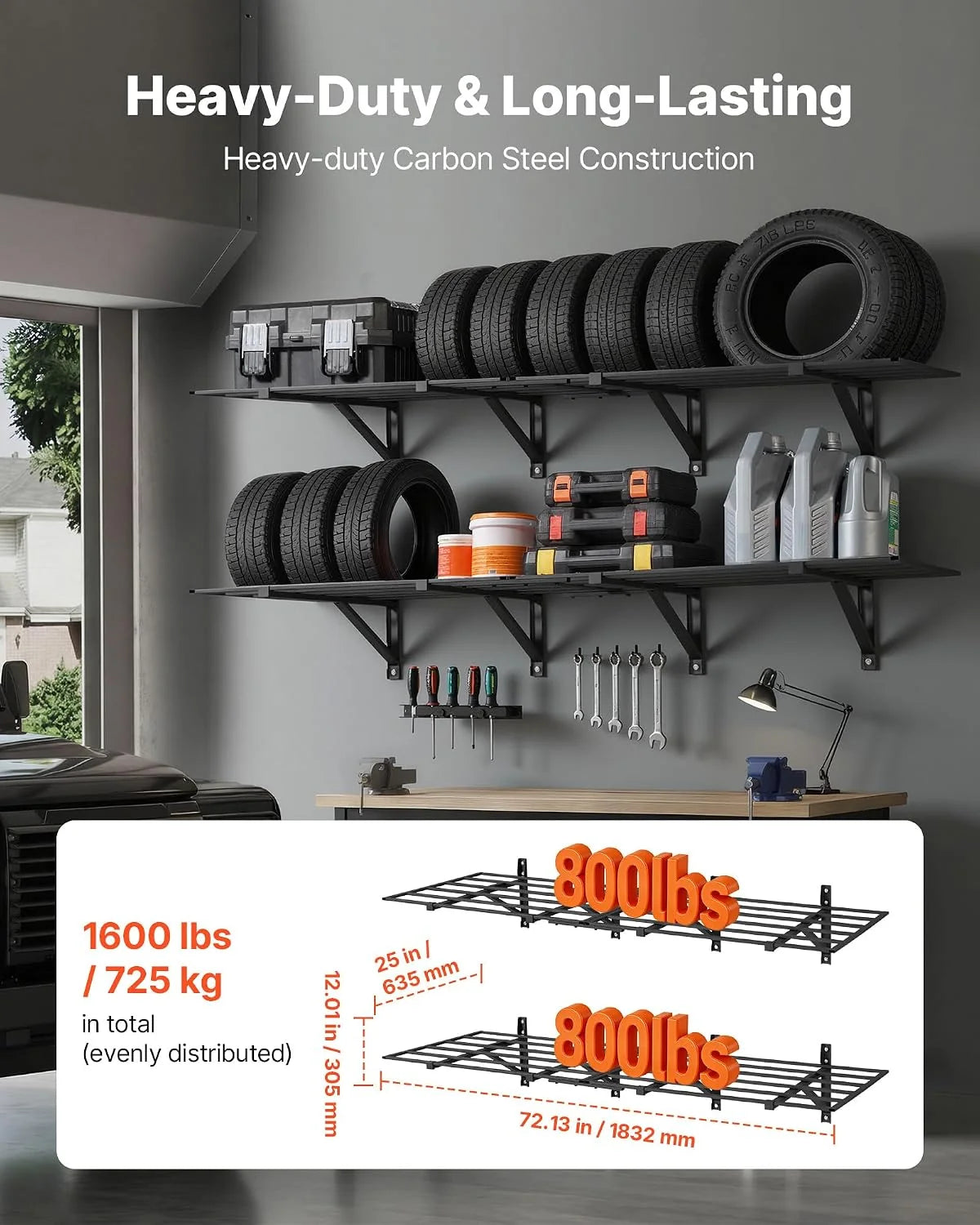 VEVOR Estantería de Pared de Acero 635 x 1832 mm, Carga 362 kg por Nivel, 725 kg en Total, Distancia Ajustable, Juego de 4 Estanterías Flotantes de 2 Niveles para Garaje Taller Cocina Lavandería