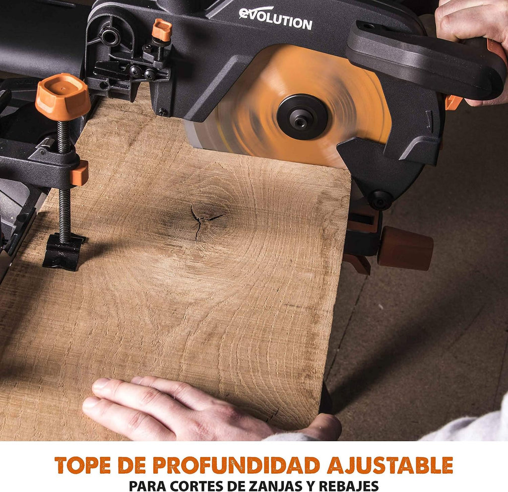 Evolution Power Tools R255SMS Sierra ingletadora Deslizante multimaterial, con Paquete Plus, Corta acero dulce, aluminio, plástico, madera con clavos incrustados 230 V, 255 mm