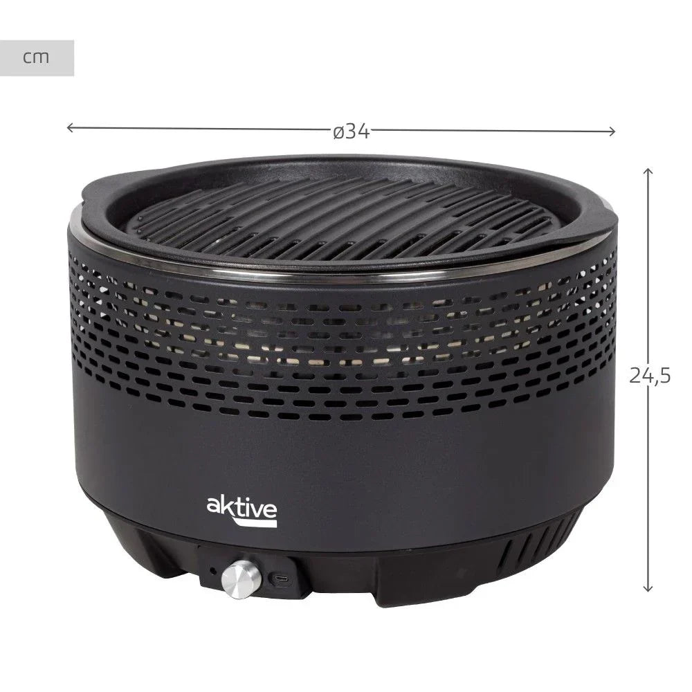 Barbacoa Portátil Negra A Carbón Sin Humo Aktive, Ø34x21,5cm, Con Protección Antigoteo