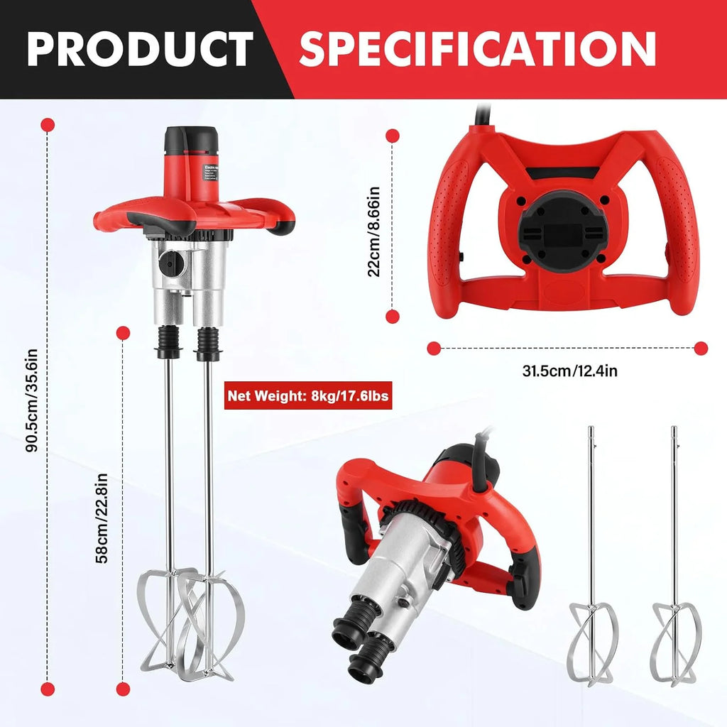Hormigonera de 2100 W, doble paleta mejorada, mezclador de cemento portátil con 6 velocidades, 950 RPM, mezclador de lodo de mano para mortero, pintura, lechada, yeso, diluyo, herramienta