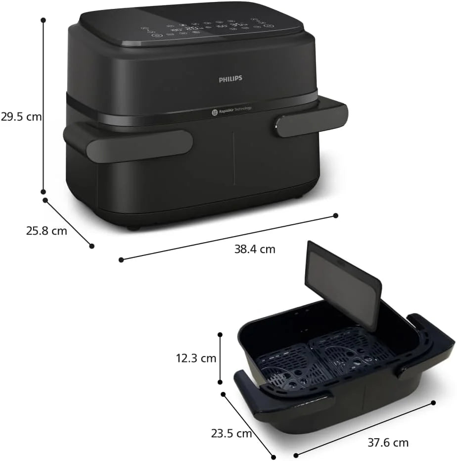 Philips 1000 Airfryer - Freidora de Aire doble cesta, 7,1L, 10 en 1, Negro