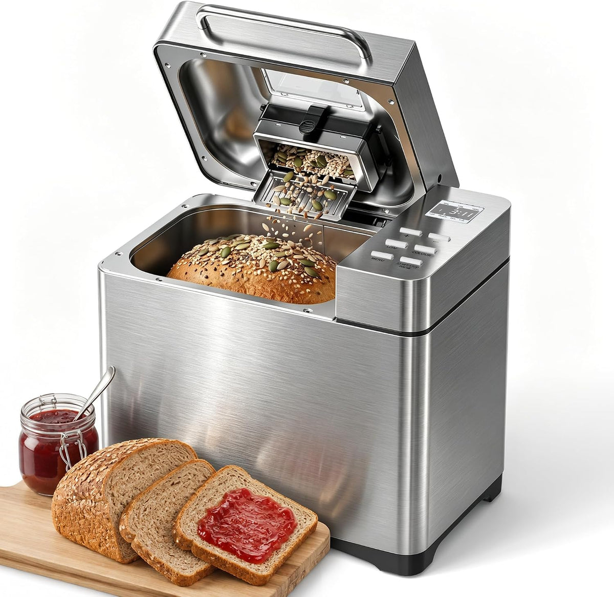 TRIUMPHKEY 19 Programas Panificadora Automática con Dispensador, 3 Tamaños & 3 Tostados Panificadora de Pan, Temporizador 15h, 1kg Maquina de Hacer Pan, Panificadora sin Gluten, Yogur y Mermelada