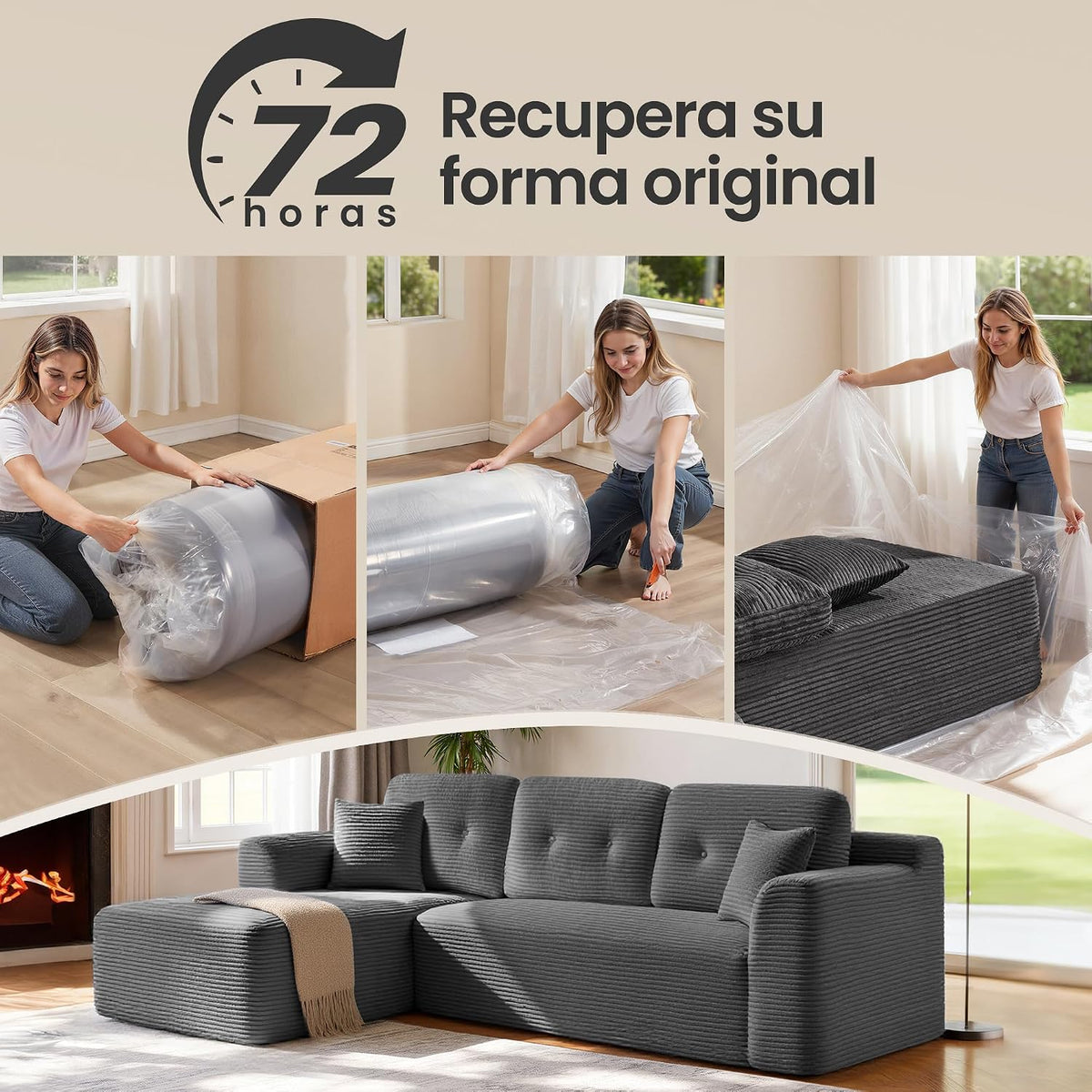 VASAGLE Corner Sofa, Modular Sofa 244 cm, Compact Delivery, No Assembly, with Large Chaise Longue on the Left, for Living Room or Guest Room, Slate Grey LCS183GN01