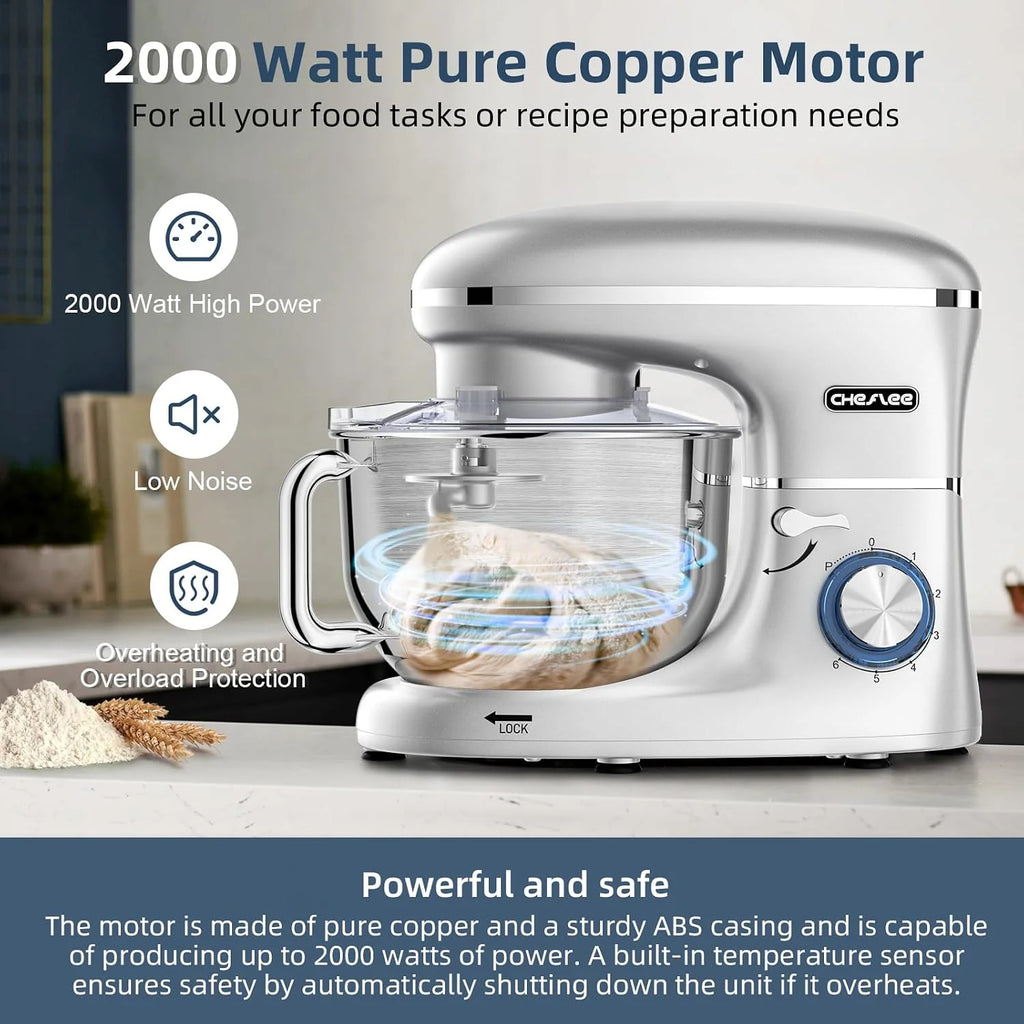 CHeflee Batidora Amasadora Profesional,2000W Amasadora Pan Repostería,6.2 L Bajo Ruido Robot de Cocina Multifunción,Gancho para Masa,Batidor Plano,Protección para Salpicaduras 6 Velocidades Batidora