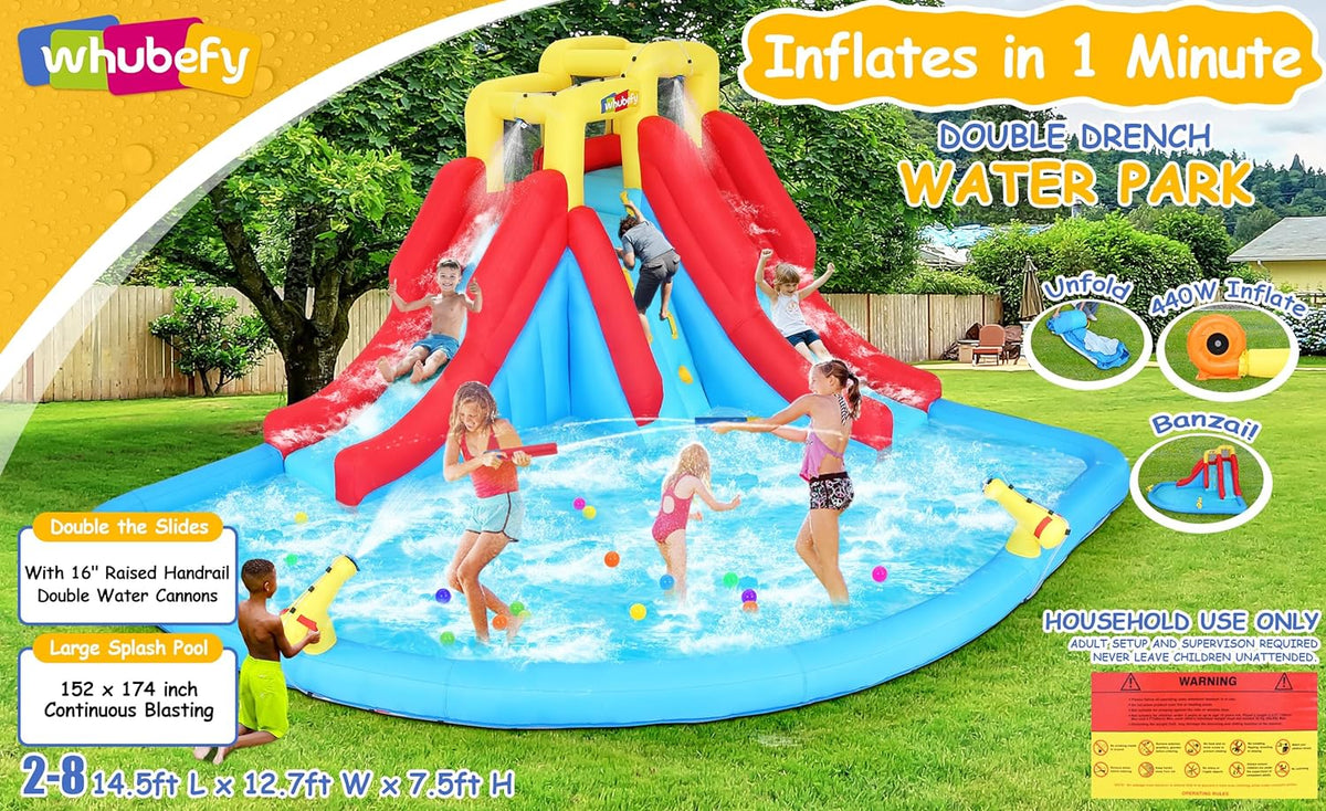 Tobogán acuático inflable 8-en-1 para niños: castillo inflable parque acuático con soplador de 450W, muro de escalada, piscina, 2 pistolas de agua, canasta de baloncesto, tobogán, rociador de cocodrilo – perfecto como regalo y para fiestas en el jard