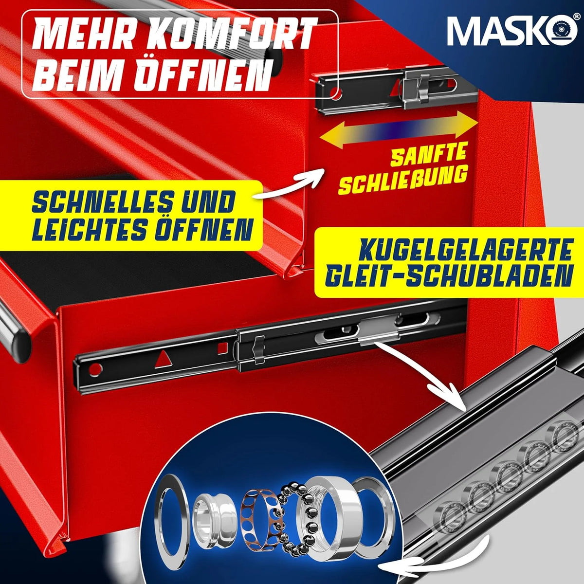 Masko® Carro de taller con 5 cajones y cerradura, rojo, metal macizo. Carro de herramientas profesional y movible sin equipamiento, carrito con ruedas para almacenamiento de herramientas con candado