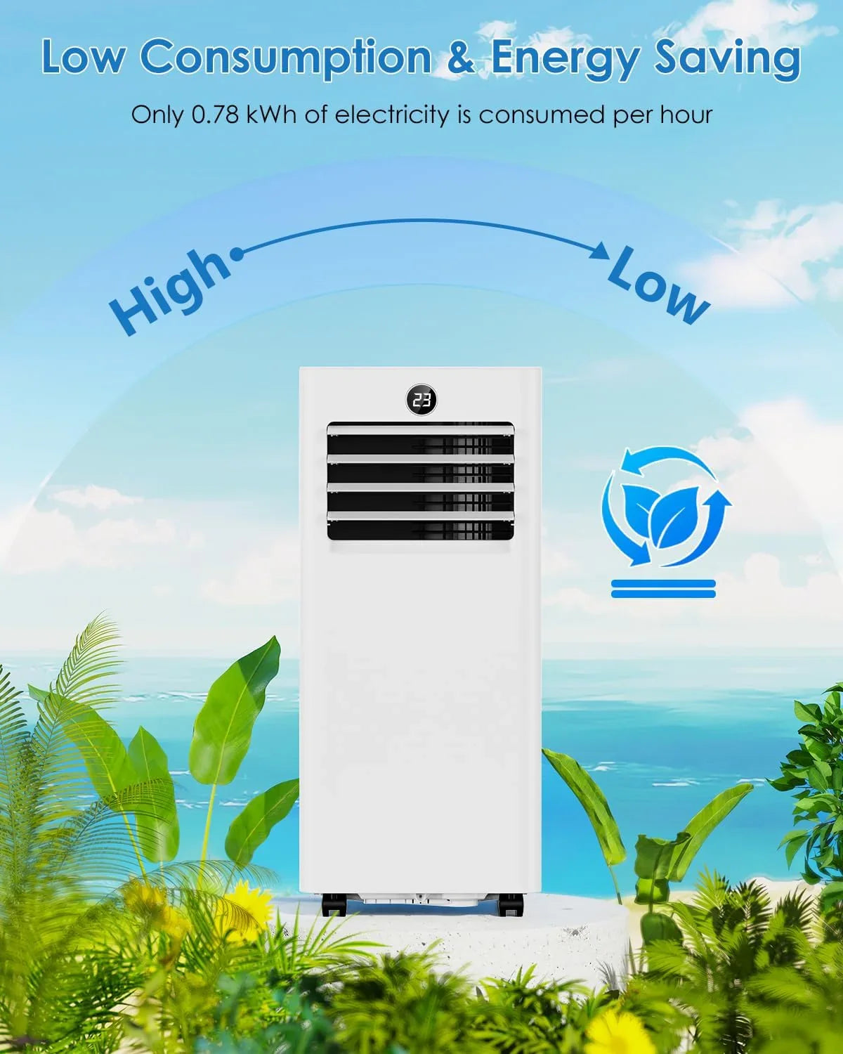 Aire Acondicionado Portatil 7000 BTU, Enfriamiento/Ventilador/Deshumidificación/Modo Sueño 4 en 1, Táctil/Mando a Distancia, Temporizador 24h, Ruedas 360°, Incluye Manguera de Escape & Kit de Ventana