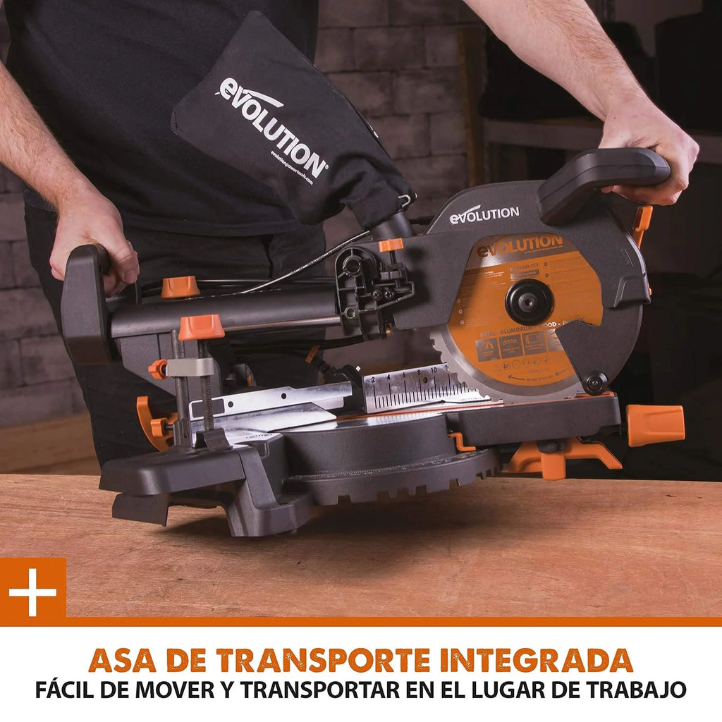 Evolution Power Tools R210SMS+ Ingletadora deslizante multimaterial de 210 mm, con paquete Plus, Corta acero dulce, aluminio, plástico, madera con clavos incrustados, 230 V