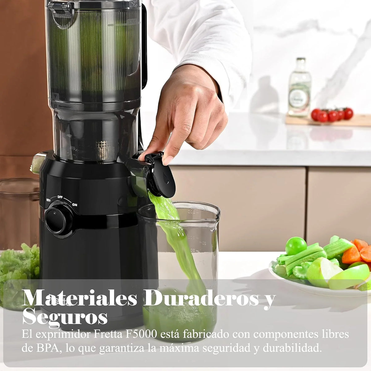 Fretta Extractor de Zumos y Verduras, Apertura de 108MM y Capacidad de 1L, Licuadora Prensado en Frio para Verduras Frutas Enteras, 200W Slow Juicer Machine, Fácil Montaje y Limpieza, Sin BPA (Negro)