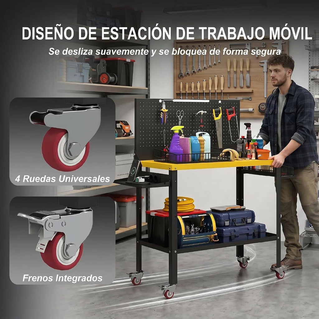 HOMCOM Banco de Trabajo con Ruedas 128x49,5x127,5 cm Negro y Amarillo