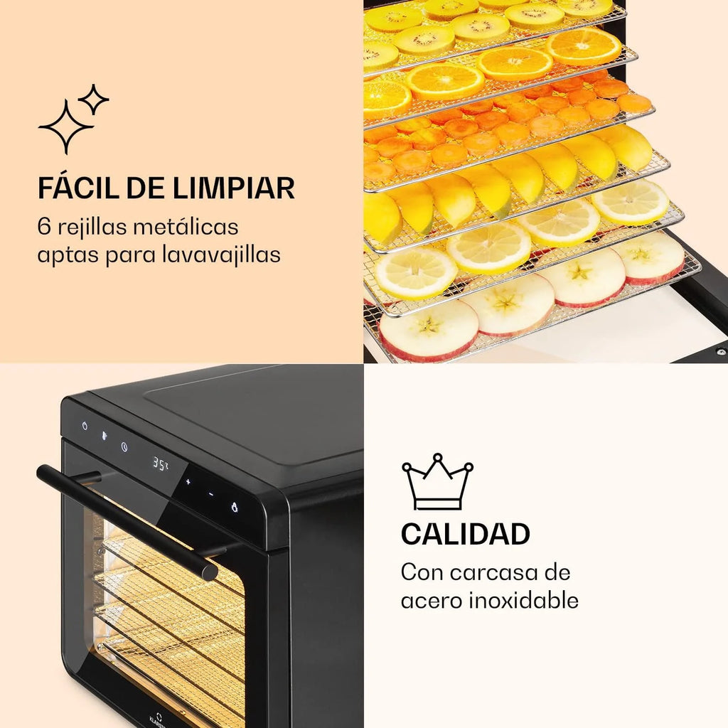 Klarstein Deshidratador de Alimentos, Deshidratadora de Frutas y Verduras 700W, 6 Rejillas, Temporizador 24 h., Deshidratadora de Alimentos para Comida Liofilizada, Liofilizadora, Control Táctil