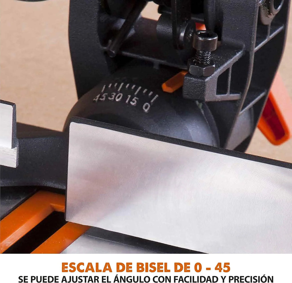Evolution Power Tools R210CMS Multimaterial Sierra Ingletadora - Corta acero dulce, aluminio, plástico, madera con clavos incrustados, 210 mm