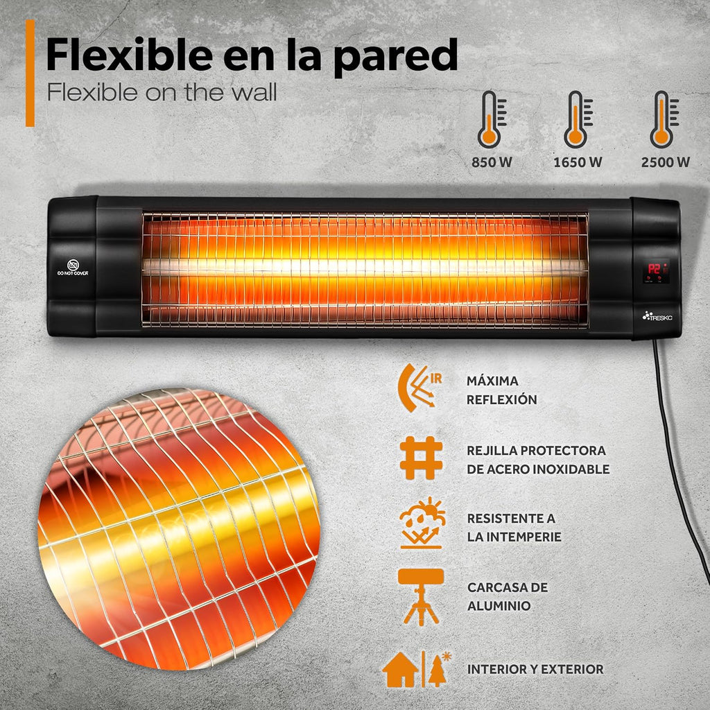 TRESKO Infrared Heater for Terrace | 2500W + Remote Control | Radiant Heater with 3 Temperatures | Electric Radiator for Outdoor and Indoor | Heater with Adjustable Height (Black)