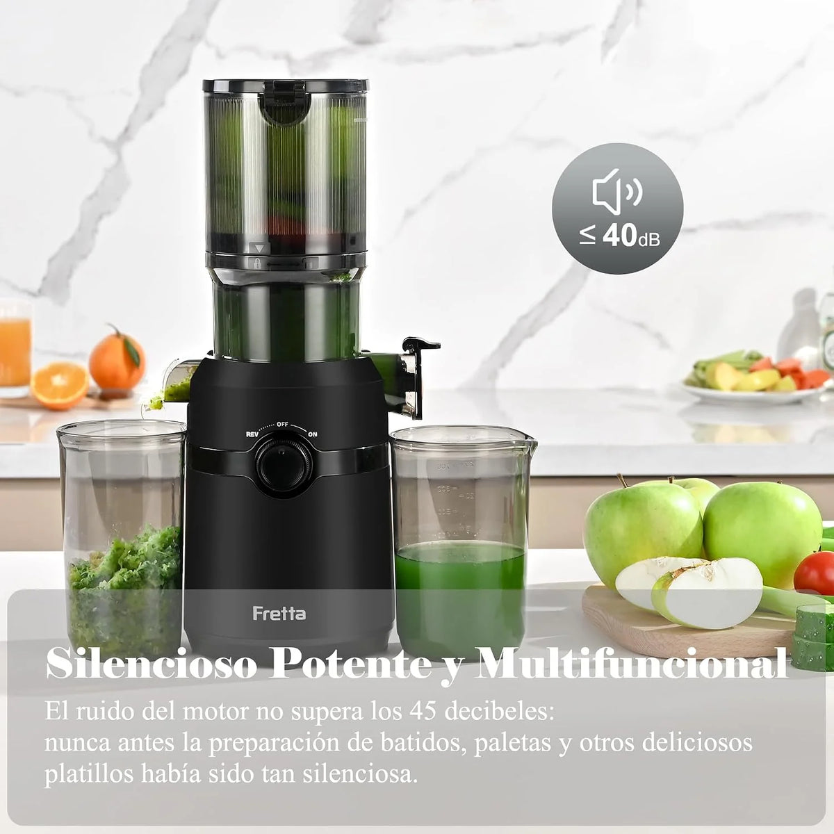 Fretta Extractor de Zumos y Verduras, Apertura de 108MM y Capacidad de 1L, Licuadora Prensado en Frio para Verduras Frutas Enteras, 200W Slow Juicer Machine, Fácil Montaje y Limpieza, Sin BPA (Negro)