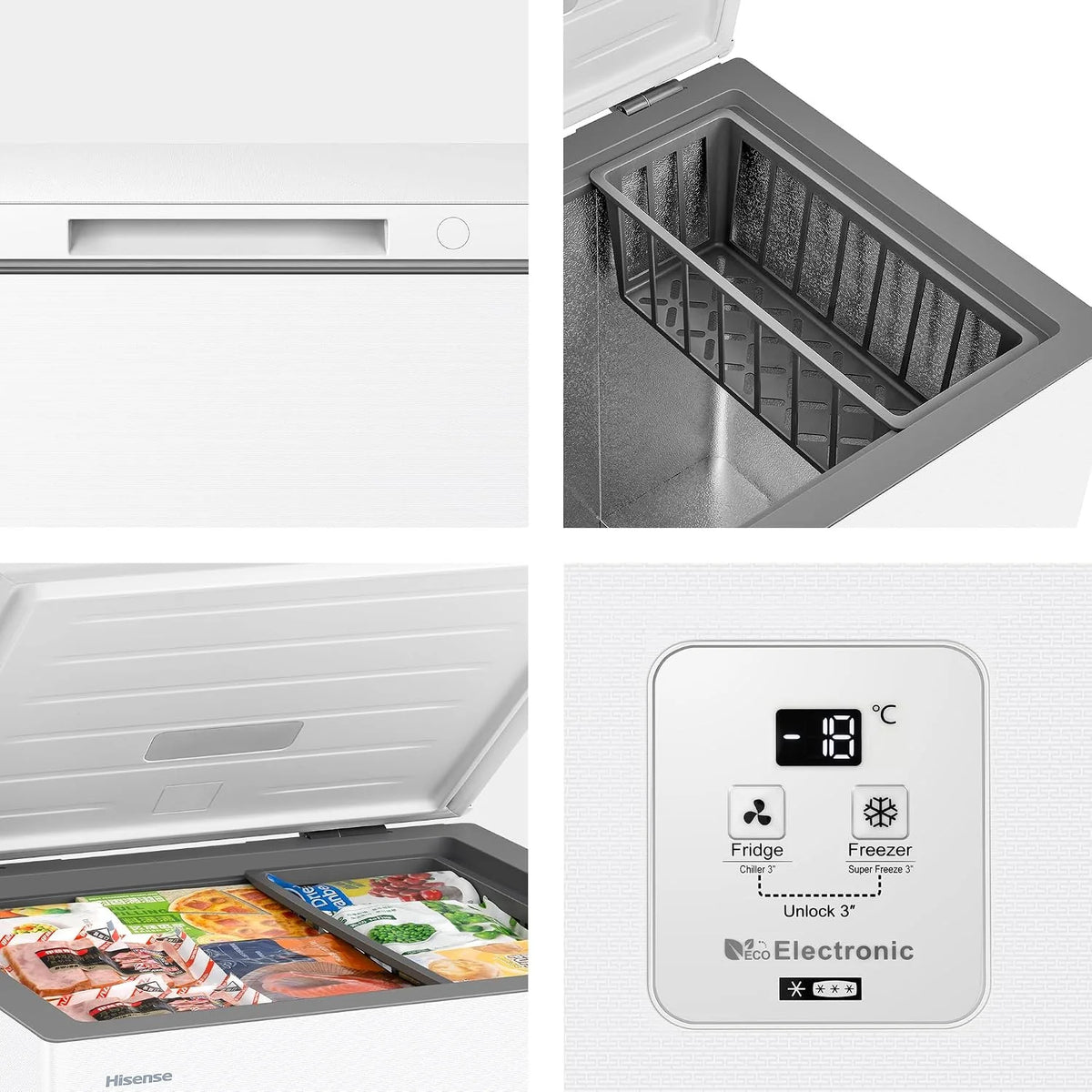 Hisense FT145N1AWDL - Arcón Congelador Horizontal, 141L, 86cm, Congelación 360°, Congelador Convertible, Control Electrónico de Temperatura, Freezer Protect, Goma de Puerta Antibacteria, Blanco