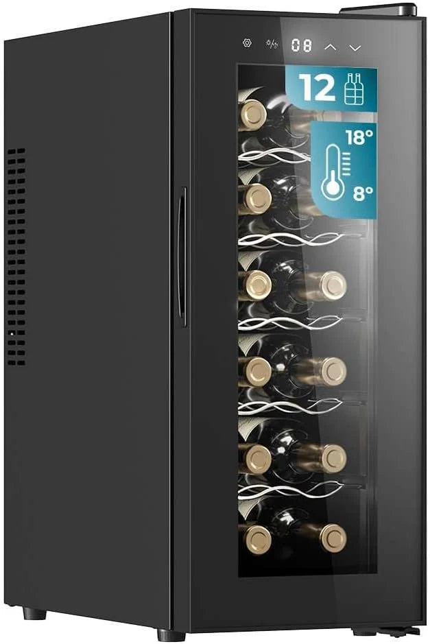 Cecotec Vinoteca Bolero GrandSommelier 1250 CoolCrystal. Bodega para 12 botellas, enfriamiento termoeléctrico, silenciosa con 35 dB, temperatura regulable de 8-18ºC, panel táctil y luz LED interior.