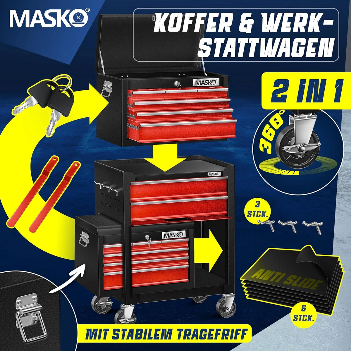 MASKO® Carro de taller con maletín incluido, 9 compartimentos con cerradura metal macizo, sin herramientas, para guardar herramientas, rojo