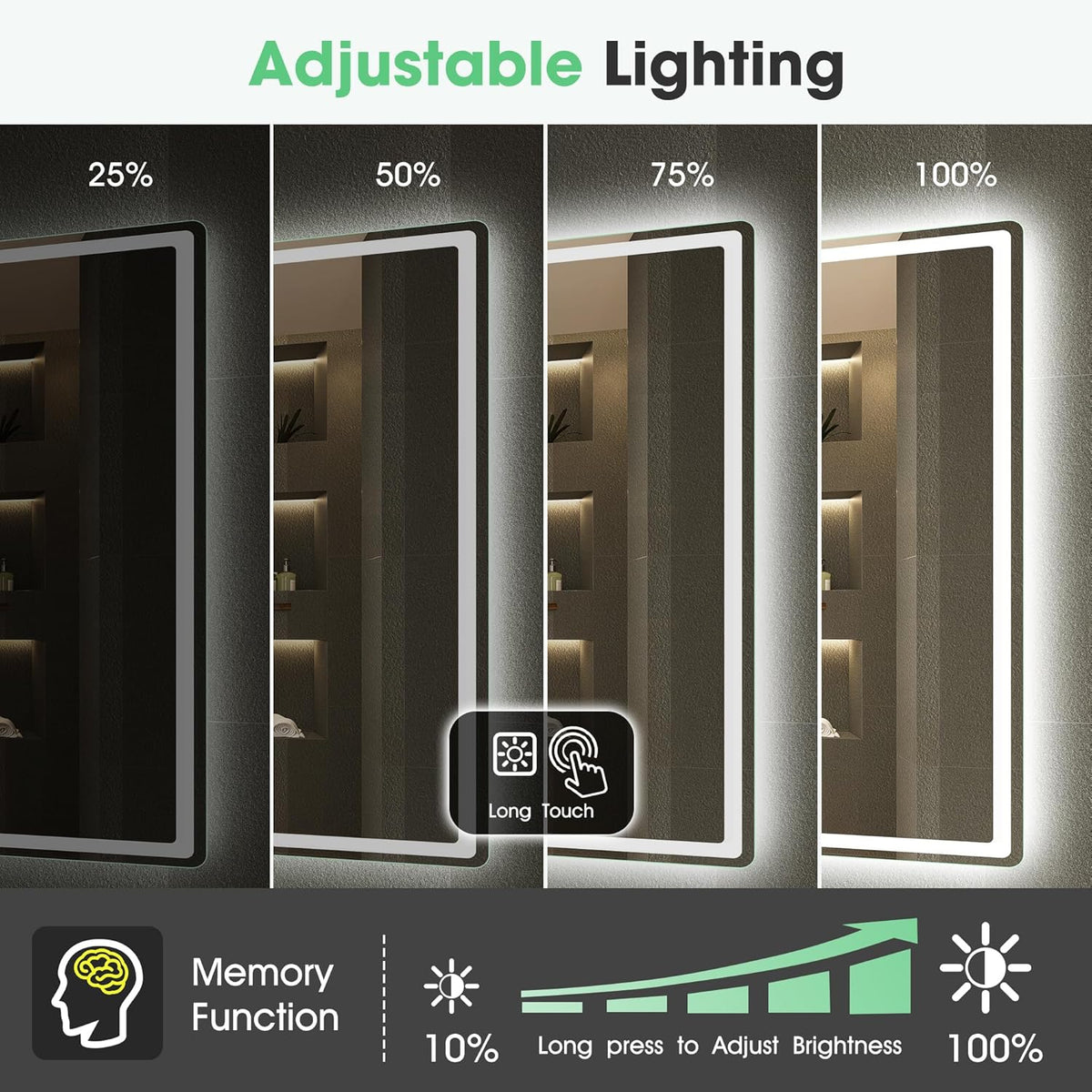 S'bagno Espejo-Baño-con-Luz 120x70cm, Espejo-Baño-LED-Bluetooth con Función Antivaho, 3000K/4000K/6500K, Regulable, Memoria, Cristal Templado HD, IP44-Espejos-de-Baño-con-LED, Horizontal/Vertical