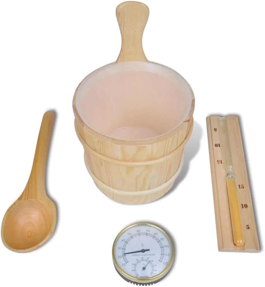 Mangloder - Juego de 5 accesorios para sauna con cubo, cucharón, reloj de arena, termómetro e higrómetro para sauna, baño de vapor, cabina de infrarrojos, madera, bienestar y relajación