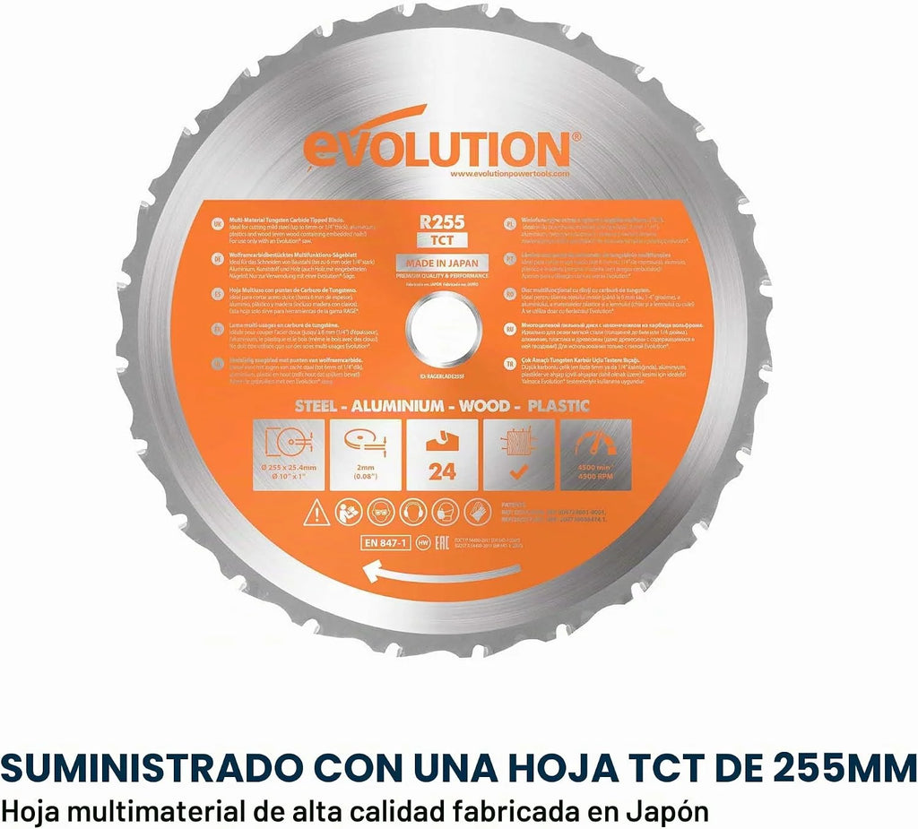 Evolution Power Tools R255MTS Sierra de mesa, multi-material y multiuso, portátil, corta madera, metal, plástico y más, sierra de banco, incluida hoja TCT de 255 mm