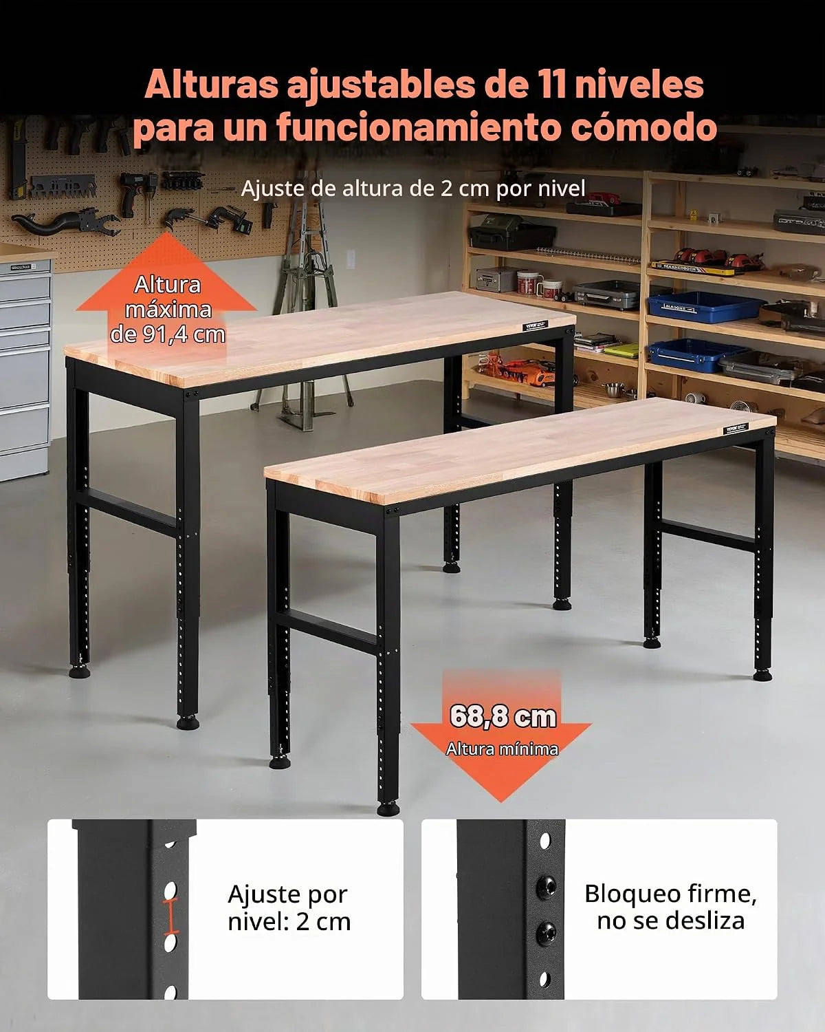 VEVOR Banco de Trabajo Ajustable Mesa de Trabajo de Garaje 1550x510 mm Alturas 688-910 mm Carga de 900 kg con Tomas de Corriente Estructura de Metal y Almohadillas para los Pies, para Taller
