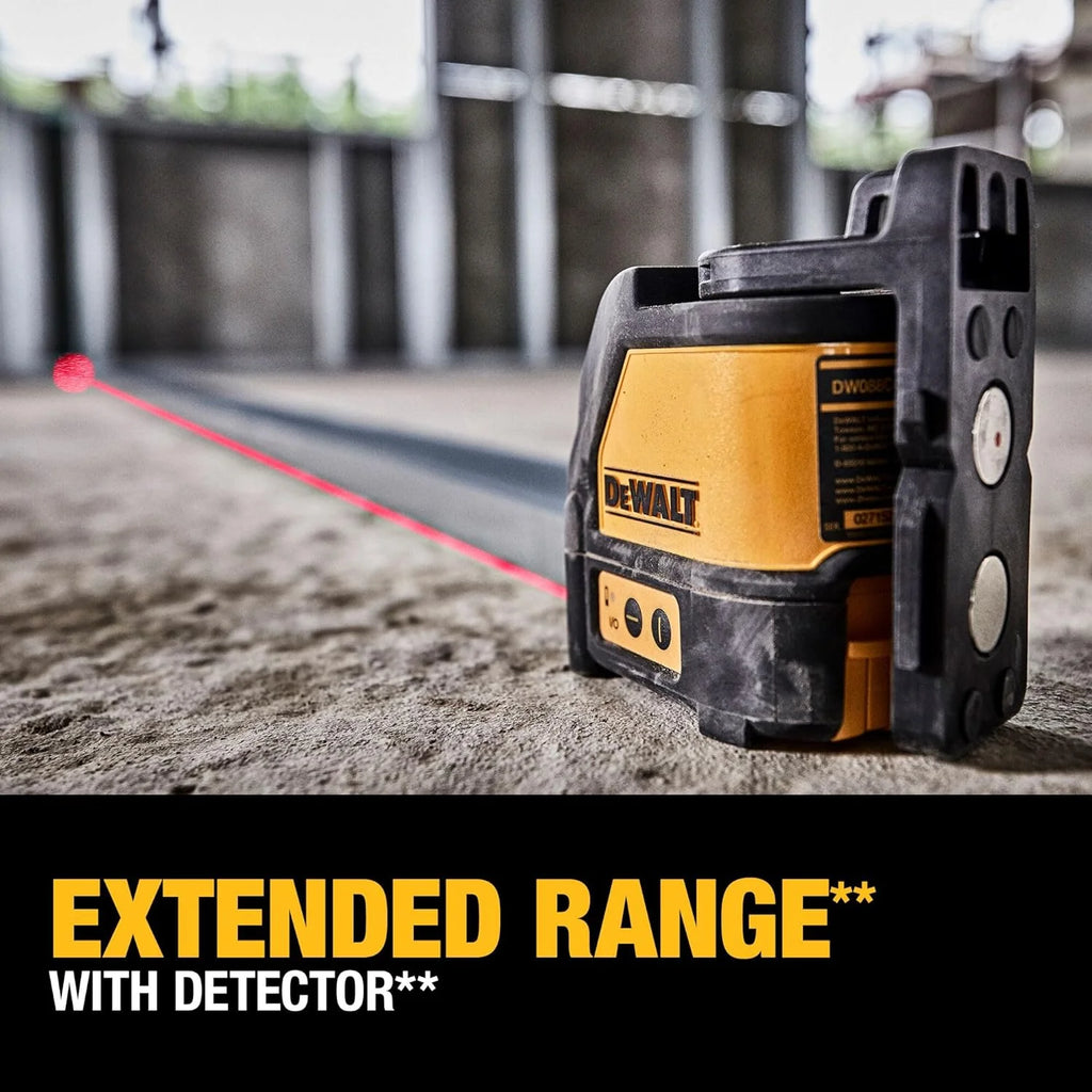 DEWALT DW088K-XJ - Láser Autonivelante de 2 Líneas en Cruz, Alcance de 15m, Base Pivotante, Precisión +/-3mm/10m, Compatible con Detector DE0892, Maletín y Pilas AA Incluidas