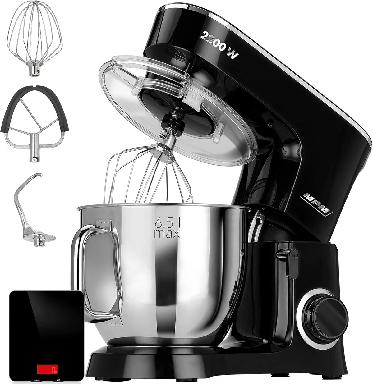 MPM Batidora Amasadora Repostería Profesional Robot Cocina Orbital 2200W Máx. 6,5L Bol Acero Inox, 6 Velocidades + Función Pulso, Sistema Planetario, 3 Accesorios+ Báscula, MRK-19B