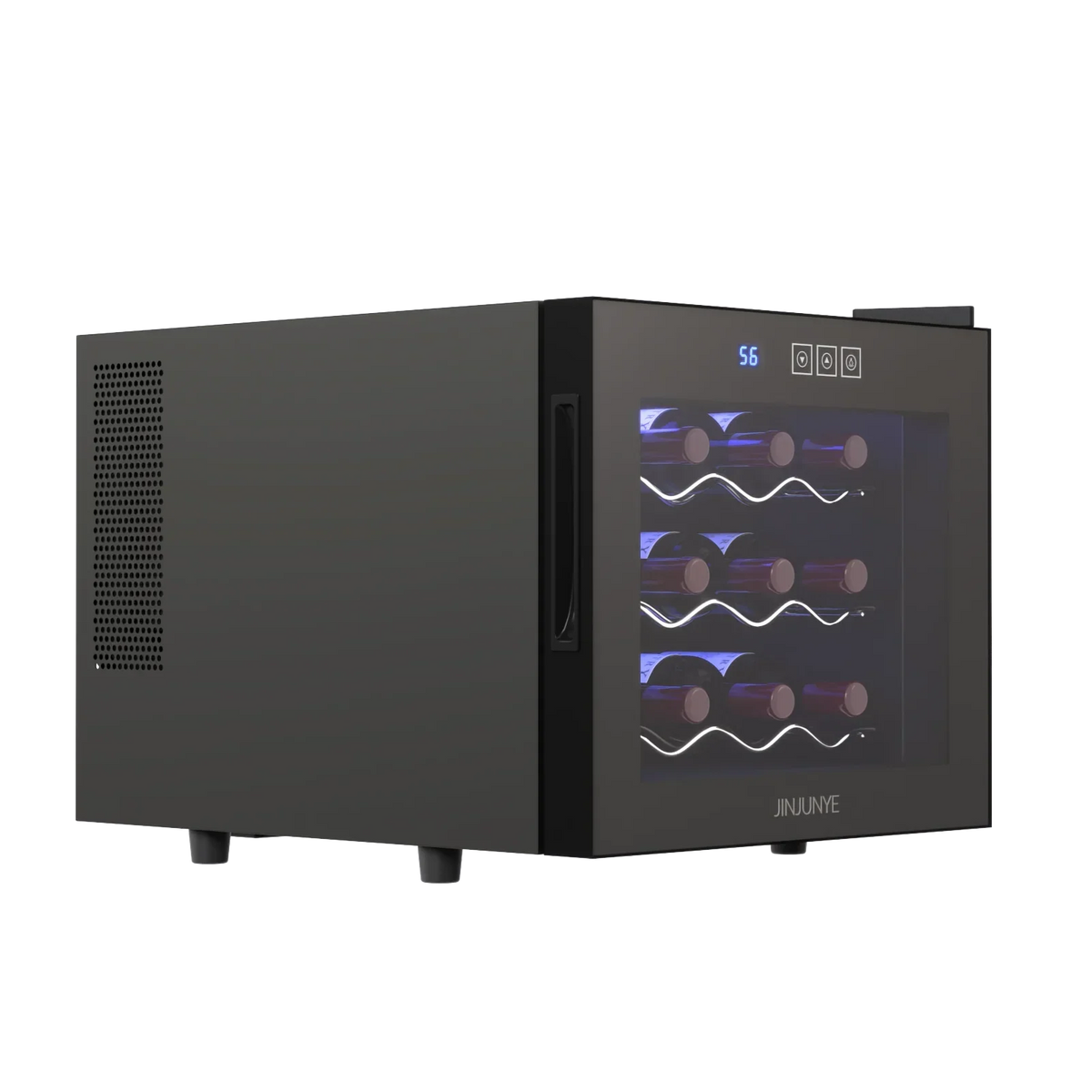 2025 Nevera para vino JINJUNYE, enfriador compacto para 12 botellas, mini bodega de mostrador con control de temperatura, nevera para vino independiente con puerta de vidrio para el hogar, oficina, bar, regalo para hombres