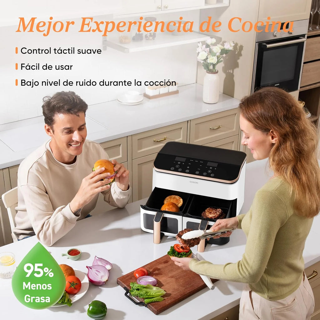 Cosori Freidora de Aire 8,5L, Doble Cesta con Ventana, 10 Funciones, Blanca