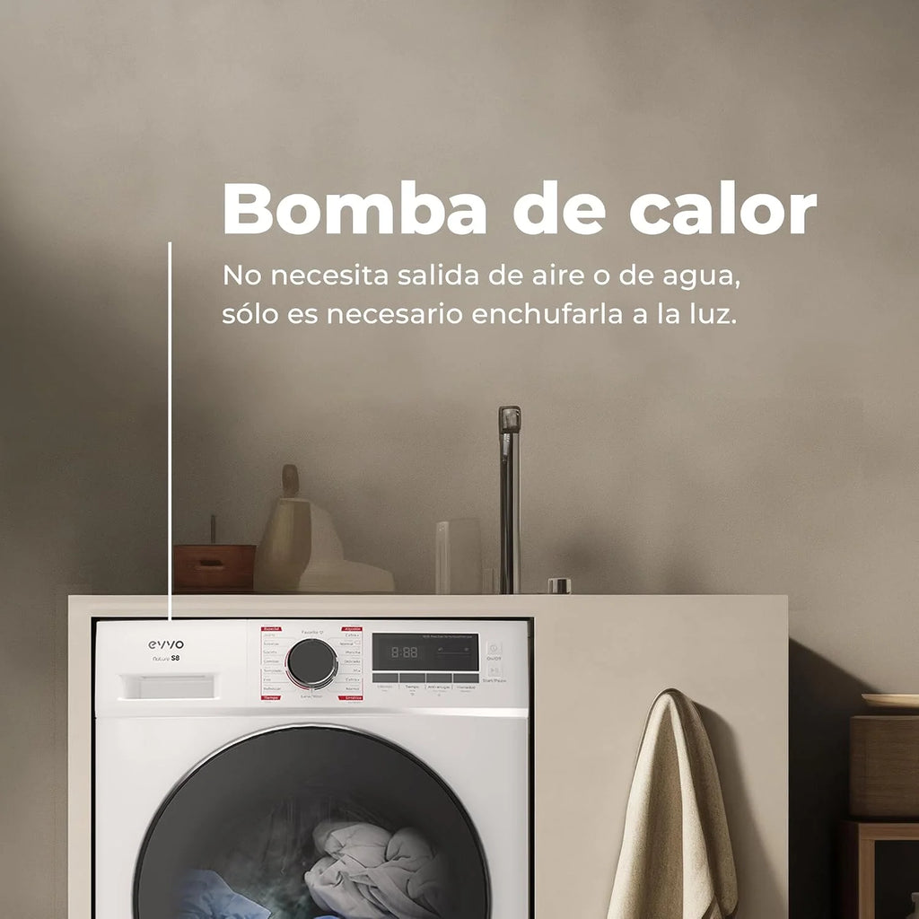 EVVO Secadora bomba de calor 10 kg S10X, Efic. Energética Clase D, Airfresh, Sensor de Humedad, Antiarrugas, Inicio Diferido, 16 Programas, Aire Frío, Instalación Fácil, Color Inox