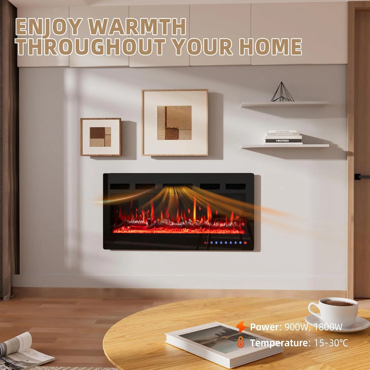 PURFINO Electric Fireplace 36"/92cm – Flame 12 Colours & Crisp, 900W/1800W, Precise Thermostat (15-30°C), Touch Screen & Remote Control – Ideal for Multimedia Walls