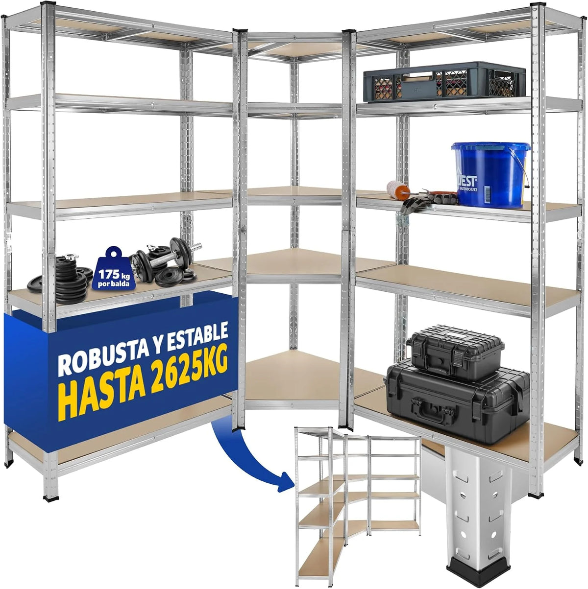 tectake® Estantería para Cargas Pesadas, 3 Partes, 15 Estantes, Estructura de Acero Galvanizado, Capacidad de Carga 2625 kg, Ajustable en Altura, Convertible en Bancos de Trabajo, Bordes Redondeados