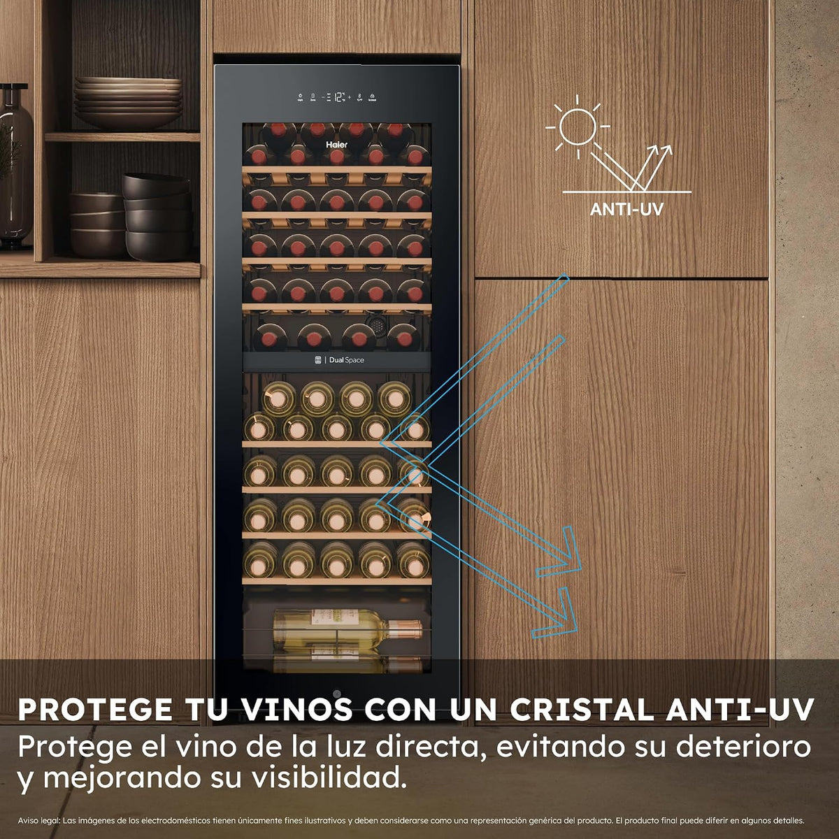 Haier Wine Bank 50 Series 5 HWS56GDG - Vinoteca de 56 botellas, 2 Zonas independientes, Estantes de madera, Filtro Anti-UV, Sistema Antivibración, Display Digital, Iluminación LED, 37 dbA, Negra