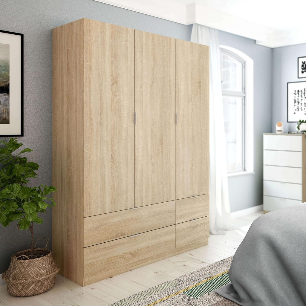 Habitdesign Wardrobe Wardrobe 3 Doors and 4 Drawers, 200 x 135 x 52 cm (H x W x D – cm), High Bedroom Wardrobe, Canadian Oak