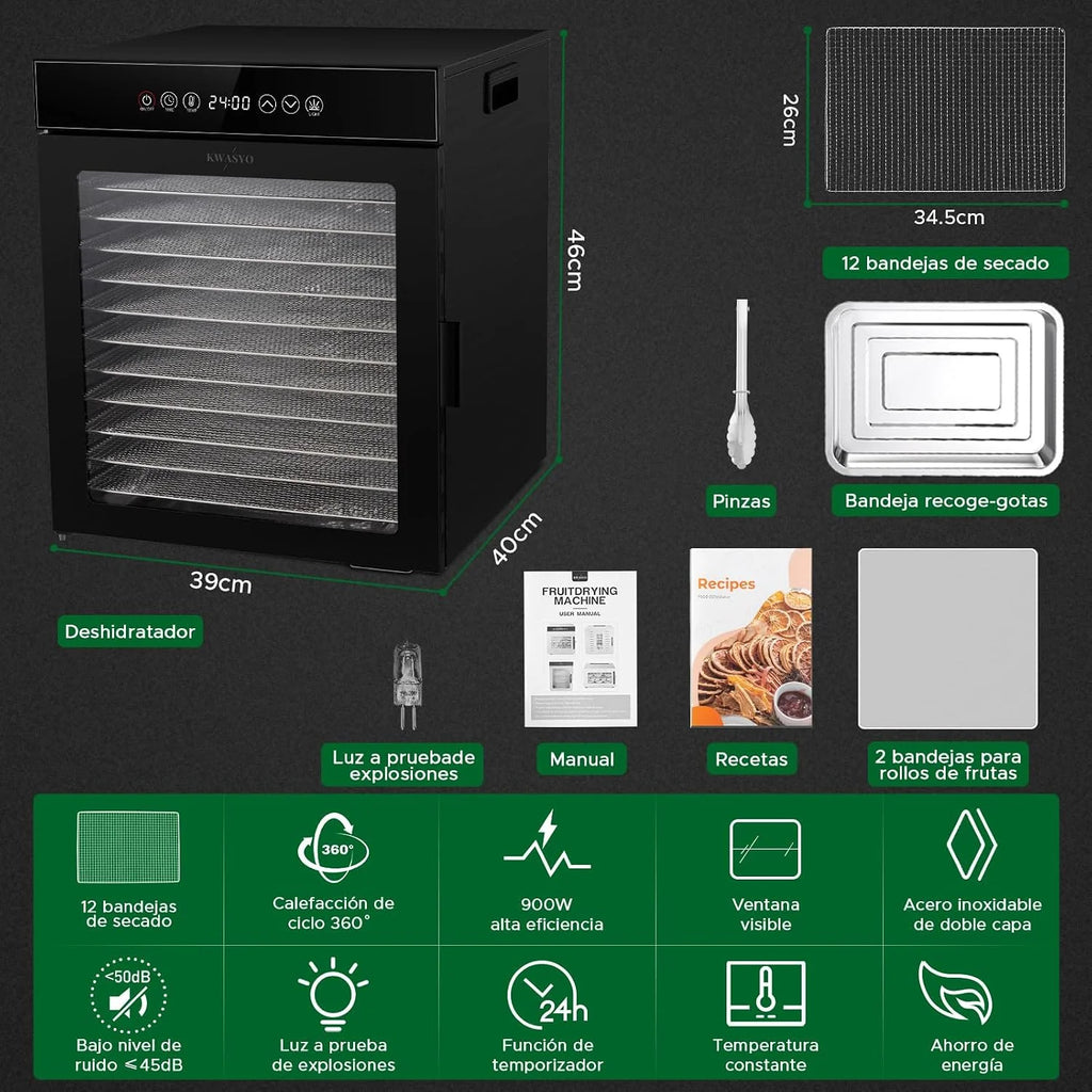 Kwasyo Deshidratador de Alimentos de 12 Bandejas de Acero Inoxidable, Todo en Negro, Estructura de Doble Capa, Gran Capacidad, Deshidratador para Frutas, Pescado, Verduras, Carne, Jerky, Hierbas