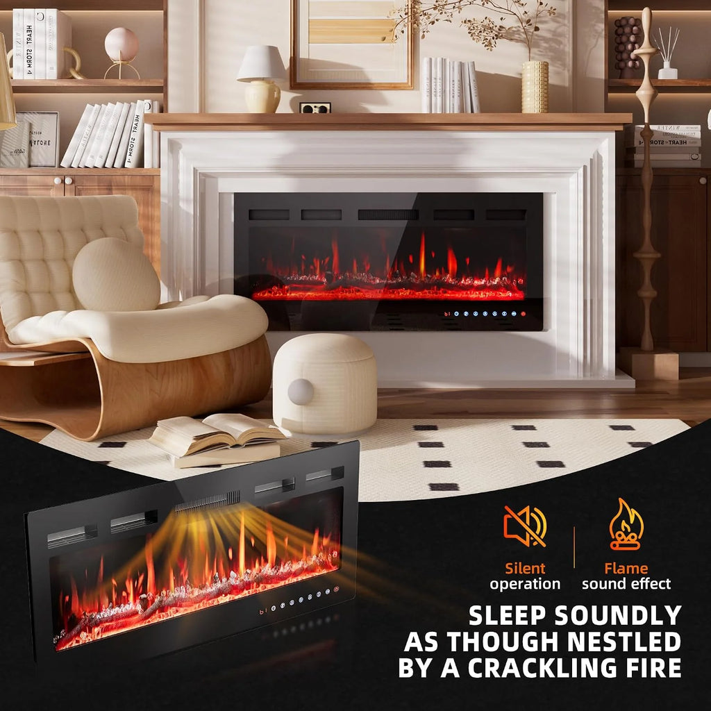 PURFINO Electric Fireplace 36"/92cm – Flame 12 Colours & Crisp, 900W/1800W, Precise Thermostat (15-30°C), Touch Screen & Remote Control – Ideal for Multimedia Walls